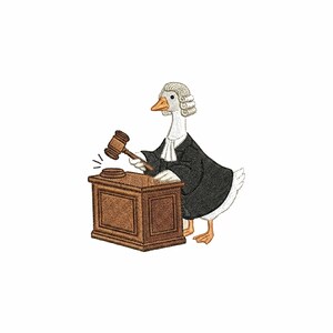 May include: A cartoon illustration of a goose dressed as a judge, wearing a black robe and a white wig. The goose is holding a gavel and standing behind a wooden judge's bench. The image is set against a white background.