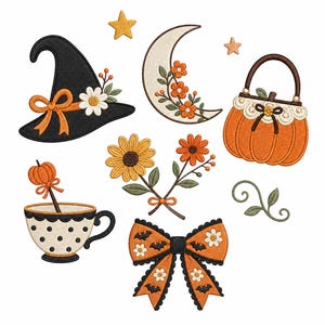Conjunto de diseños de bordado de Halloween con temática de brujas, sombrero de bruja floral, bolso de calabaza, luna y lazo para máquina de bordado (descarga digital)
