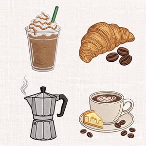 May include: An illustration featuring coffee-related items. A caramel frappe with whipped cream and a green straw, a croissant with coffee beans, a stovetop espresso maker, and a cup of coffee with a slice of pie.