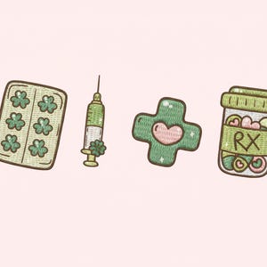May include: A collection of embroidered medical-themed patches. Includes a blister pack with shamrocks, a syringe, a green cross with a pink heart, and a prescription bottle with the letters "RX". The items are outlined in brown.