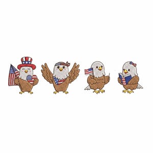 May include: Embroidered design of four cartoon eagles. One wears a top hat and holds a flag and heart. Another has outstretched wings and a bandana. The other two hold a flag and a book, all with patriotic themes.