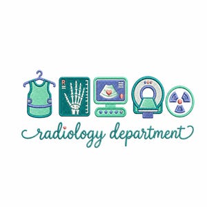 Può includere: Design ricamato in verde acqua e viola raffigurante attrezzature mediche. Include un grembiule di piombo, una radiografia di una mano, un monitor ecografico, uno scanner TC e un simbolo di radiazione. Le parole "radiology department" sono scritte in corsivo.