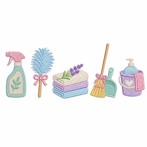 May include: An embroidery design featuring a teal spray bottle, a blue feather duster with a pink bow, a stack of three folded towels topped with a lavender sprig, a yellow broom with a pink bow, a teal dustpan, and a purple bucket with a heart.