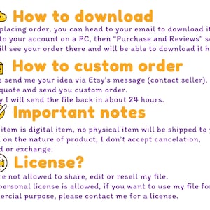 Puede incluir: Texto morado sobre fondo blanco que explica c&oacute;mo descargar y pedir a medida. Tambi&eacute;n incluye notas importantes sobre art&iacute;culos digitales y licencias. Iconos de nube, documento, marca de verificaci&oacute;n e impresora.