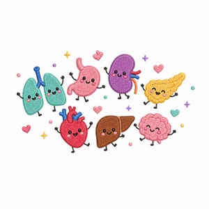 Pode incluir: Um design de bordado apresentando uma coleção de órgãos humanos coloridos e sorridentes, incluindo pulmões verde-azulados, um estômago rosa, um rim roxo, um pâncreas amarelo, um coração vermelho, um fígado marrom e um cérebro rosa, com corações e estrelas.