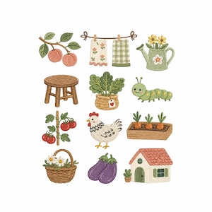 Puede incluir: Una colección de doce parches bordados que incluyen una rama de melocotón, toallas en un tendedero, una regadera con flores, un taburete de madera, una planta en maceta, una oruga verde, tomateras, una gallina, zanahorias en una jardinera, una cesta de margaritas, dos berenjenas y una pequeña casa.