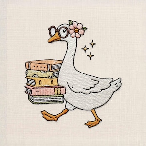 May include: Embroidered image of a white goose wearing spectacles and a floral crown, carrying a stack of books. The goose has orange feet and a beak. The books are various colours, including orange, yellow, pink, and green. Three gold stars are in the background.