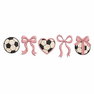 May include: Embroidered soccer ball designs with black and beige panels. Pink bows and a heart-shaped soccer ball are also featured. The designs are likely for crafting or embellishment, with a sports theme.