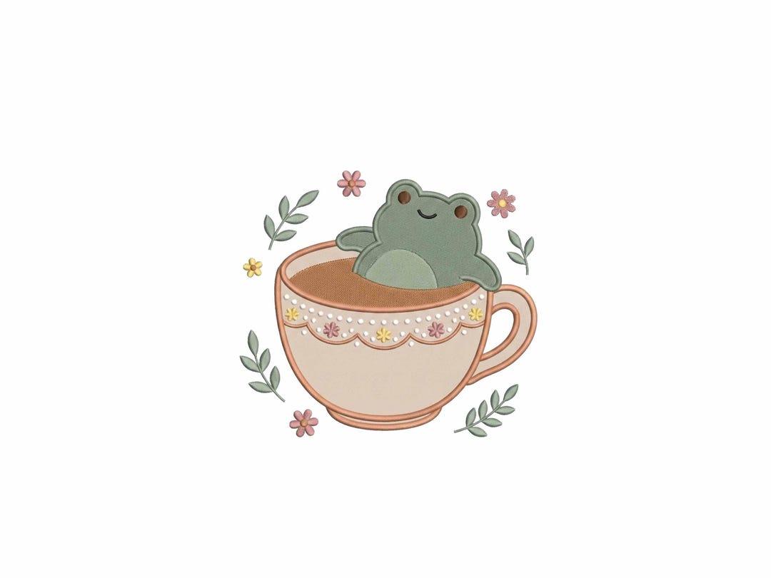 Cute Frog in Teacup Embroidery Design, Cottagecore Coffee Frog Machine ...