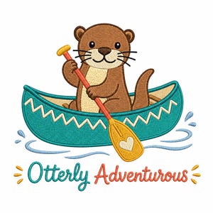 Könnte beinhalten: Ein Cartoon-Otter in einem türkisfarbenen Kanu mit einem gelben Paddel. Der Otter ist braun mit cremefarbenem Bauch und lächelt. Der Text "Otterly Adventurous" steht unter dem Kanu in Türkis und Orange.