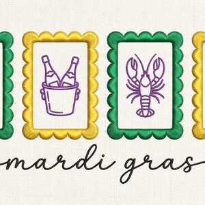 May include: An image with four framed illustrations in green and gold, depicting Mardi Gras symbols. The illustrations include masks, champagne bottles in a bucket, a crawfish, and a bow. The words "mardi gras" are written in cursive below.
