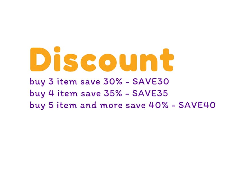Puede incluir: Fondo blanco con la palabra "Discount" en letras naranja. Debajo, texto que detalla los ahorros: compra 3 art&iacute;culos y ahorra un 30%, compra 4 art&iacute;culos y ahorra un 35%, y compra 5 art&iacute;culos o m&aacute;s y ahorra un 40%.