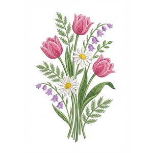 May include: Embroidered floral design featuring pink tulips, white daisies, and purple bellflowers. Green leaves and stems complete the bouquet. The design is set against a white background, creating a classic and elegant look.