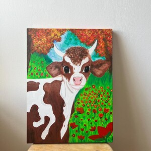 A3 Canvas Cow Painting Home Made Original – Colorful Small Wall Art