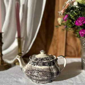 Antique English Palissy Pottery Teapot – Thames River Scenes “Heosor” – Black and White English Earthenware