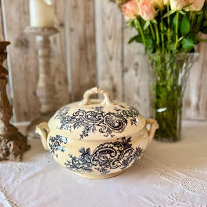 Antique Boulenger & Cie ironstone tureen – “Ornements” model – midnight blue floral earthenware