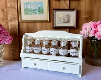 Vintage white wood spice rack with glass jars – country chic kitchen storage – cottage kitchen spice rack