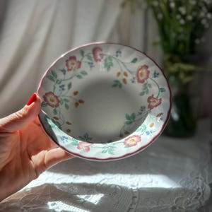 Peut inclure: Un bol rond en céramique avec un bord festonné et un liseré rose foncé. L'intérieur présente une base blanche ornée d'un motif délicat de fleurs roses, de feuilles vertes et de petits accents bleus disposés en une guirlande circulaire.
