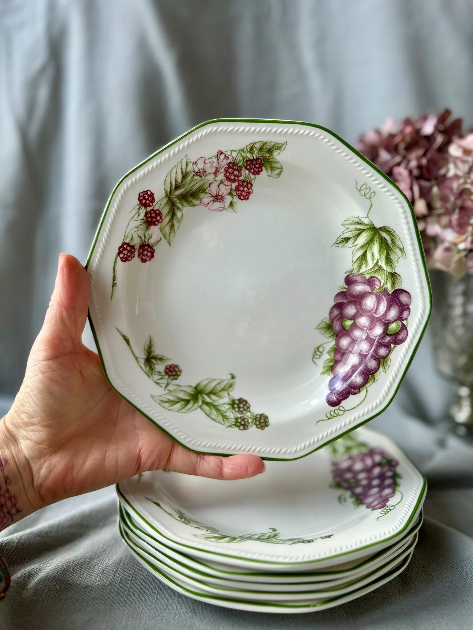 Lot De 5 Assiettes à Dessert Arcopal - Décor Fruits Pomme Poire Raisin - Vintage France