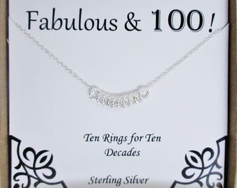 100th Birthday Gift for Women, Sterling Silver Decade Ring Necklace, 100 Year Old Birthday Jewelry