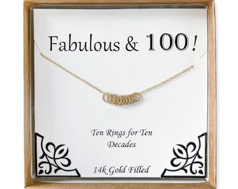 100th Birthday Necklace for Women, 14K Gold Filled Rings Pendant, 100 Year Old Birthday Gift for Grandma, Jewelry Gifts