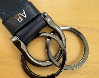 Personalised handmade Italian Leather Keychain: Gunmetal Clasp and Two Rings