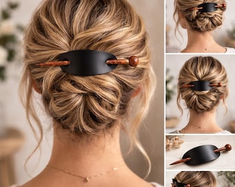 Real Leather Hair Barrette with Unique Wood Hair Stick - Handmade