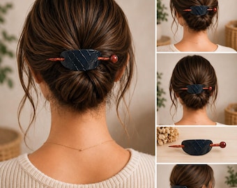 Navy Patent Leather Barrette & Hand-Painted Hair Sticks – Croc Emboss Glossy Finish