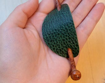 Real Leather Hair Barrette with Unique Wood Hair Stick - Handmade