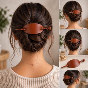 Puede incluir: Un pasador de pelo ovalado de color marrón con una superficie lisa similar al cuero, asegurado por un palillo de madera a juego con un extremo redondeado. El accesorio sujeta el cabello en un moño, con el palillo insertado horizontalmente.