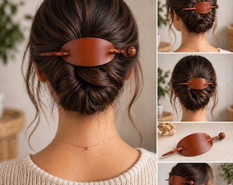 Handcrafted Leather Hair Barrette with Deerskin Lining & Two Wooden Hair Sticks