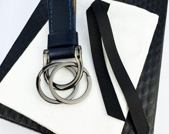 Handmade, Hand Stitched Italian Leather Keychain: Gunmetal Stirrup Clasp