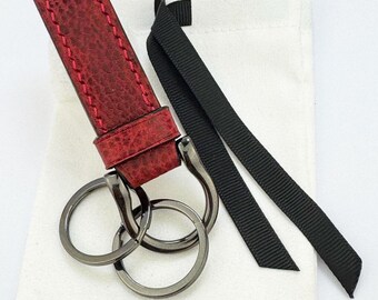 Handmade Red Dollaro  Italian Leather Keychain: Gunmetal Stirrup