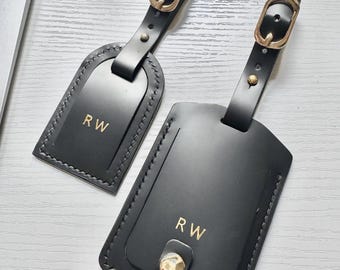 Handmade Leather Luggage Tag – Graphite Black Gold Foil Personalisation