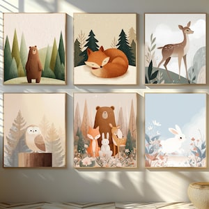 8 set of Woodland Animal Nursery Wall Art – Bear, Fox, Deer, Bunny & Owl Prints for Baby Room Decor, Forest Animal Set, Digital Download