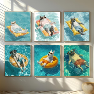 Summer Pet Wall Art Digital Download, 100+ Pet on Pool Float, Summer Animal Print, Whimsical Pet,  Poster, Playful Wall Art, Kids Room Decor