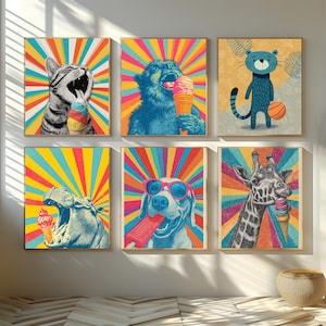 55 Animal Ice Cream Bundle Wall Art Prints Bundle, Kids Room Decor, Nursery Animal Art, Cat Lover Gift, Kitten Nursery Wall Art, Room Decor