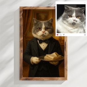 Canvas Print, Custom Butler Cat Portrait, Renaissance Cat Painting, Pet Lovers Gift