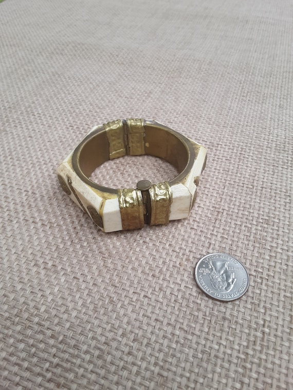 VTG Brass & Bone Hexagon Shaped Bracelet W/A Pull-