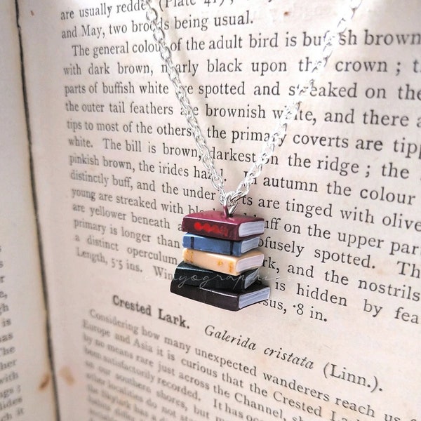 Stack of Books Necklace - Tiny pile of books on a silver chain for bookworms and booklovers by Coryographies