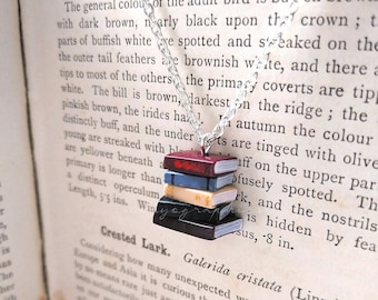 Stack of Books Necklace - Tiny pile of books on a silver chain for bookworms and booklovers by Coryographies