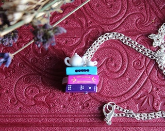 Tea Drinker's Necklace - Teapot and Teacup on a Stack of Books - Book Jewelry by Coryographies