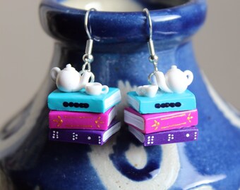 Tea Drinker's Stack of Books Earrings (Made to Order) - teapot teacup saucer - Book Jewelry by Coryographies