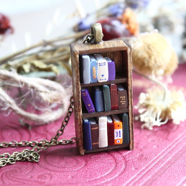 Bookshelf Necklace - Little Antique Bookshelf - Book Jewelry by Coryographies (Made to Order)