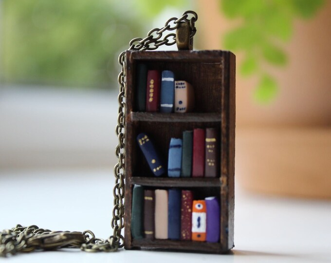 Antique Bookshelf Necklace Book Jewelry by Coryographies in Etsy