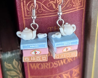 Handmade Book Stack Earrings - Teapot & Teacup, Polymer Clay Jewelry