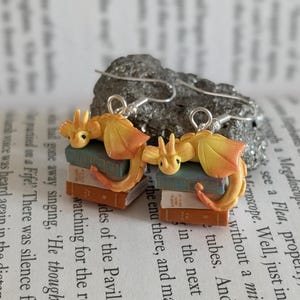 Golden Book Dragon Earrings, Handmade Polymer Clay Fantasy Jewellery image 1