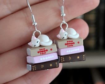 White Cat Book Earrings, Handmade Polymer Clay Book Jewellery