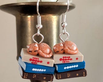 Ginger Cat on a Stack of Books Earrings - Book Jewelry Handmade by Coryographies