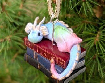 Book Dragon Christmas Ornament – Handmade Polymer Clay Figurine Decoration with Ribbon